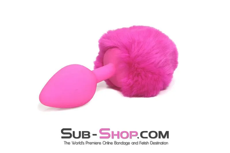 3737M-SIS      Somebunny Loves You Pink Sissy Powder Puff Bunny Tail, Medium Pink Silicone Plug