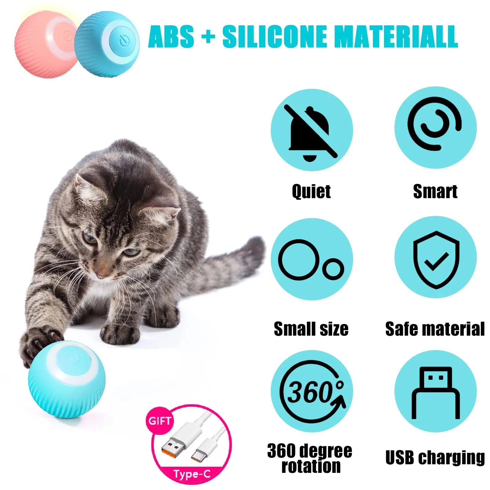 Interactive Cat Toys Ball, Automatic 360° Self-Rotating Rolling Ball USB Accessories Cats Pet Exercise Chase Toy Ball for Kitten